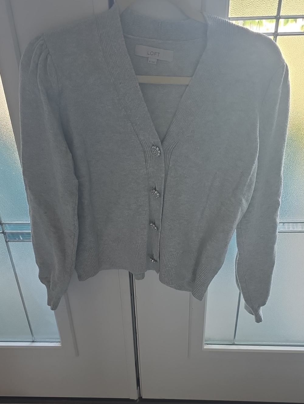 LOFT Pale Gray Puff-Sleeve V-Neck Cardigan with Decorative Buttons